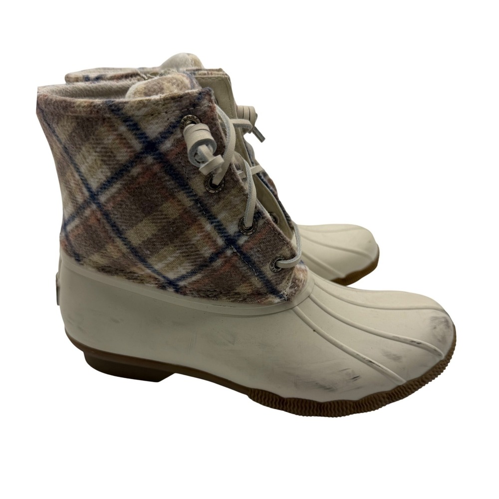 Sperry Saltwater Duck Boots Plaid Wool Women's 6 Cream Winter Rain Outdoor